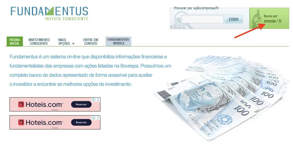 Tela inicial do site Fundamentus com o menu de busca de ações — como usar o Fundamentus para investimento em valor