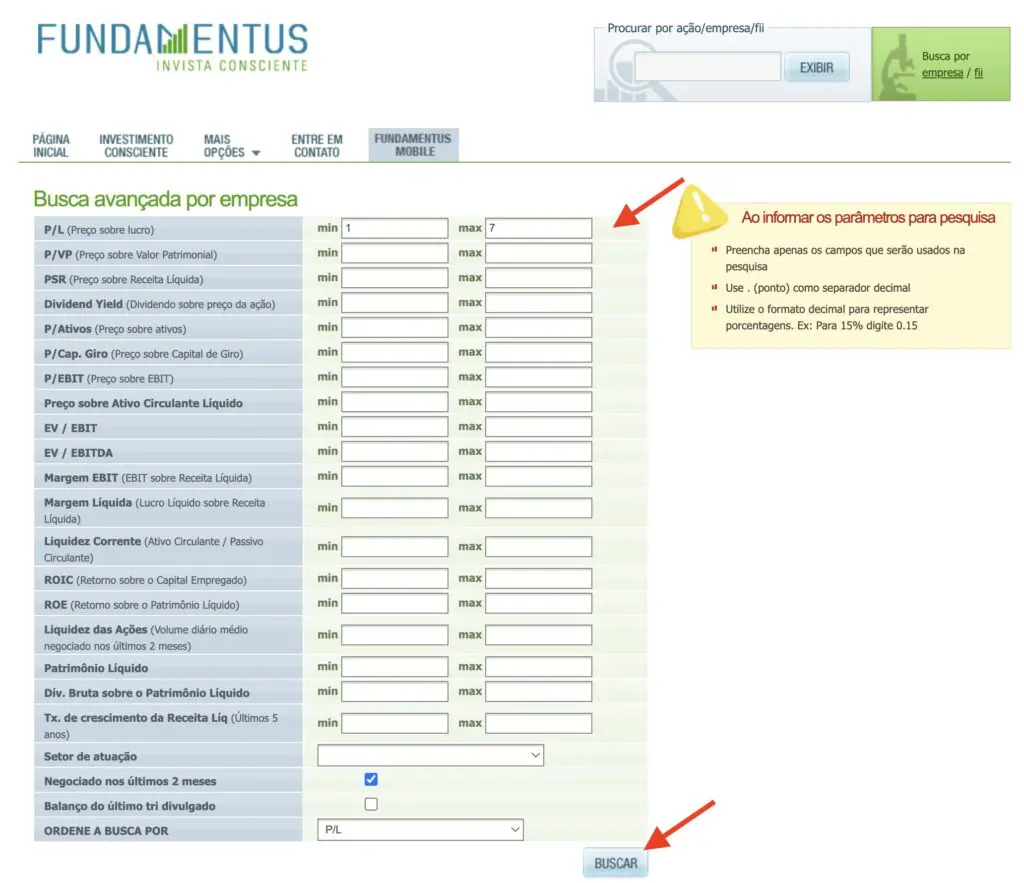 Filtros avançados do Fundamentus preenchidos para análise fundamentalista — P/L, P/VPA, ROE e DY para encontrar ações baratas