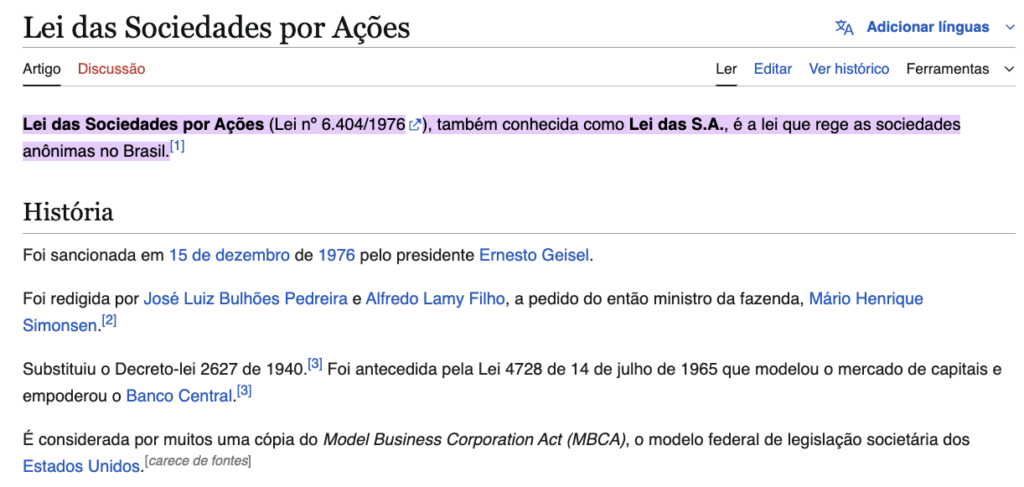 Lei das SAs Lei das SAs