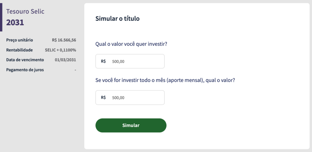 Simulação Tesouro Selic 2031 500 Reais Por Mês Simulação Tesouro Selic 2031 500 Reais Por Mês