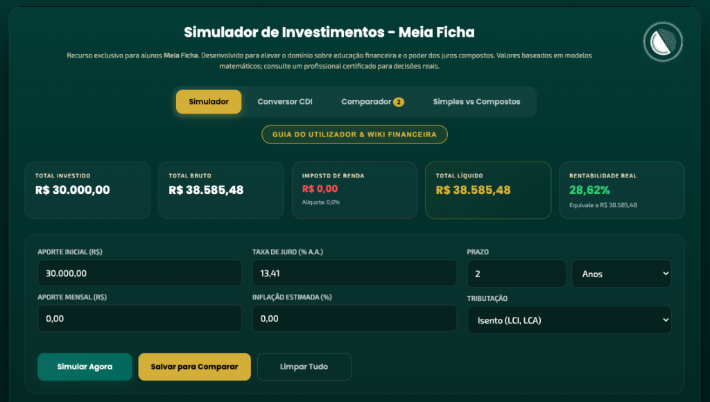 Calculadora Meia Ficha simulando R$ 30.000 em LCI 90% do CDI por 24 meses - retorno líquido isento de IR