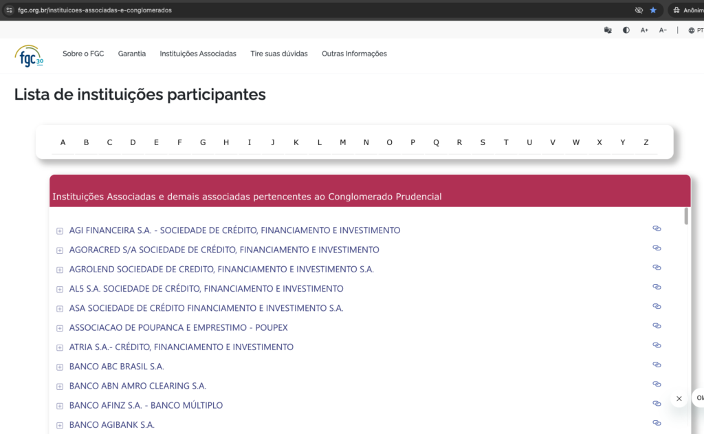 Site do FGC mostrando lista de instituições associadas - como verificar se seu banco tem cobertura