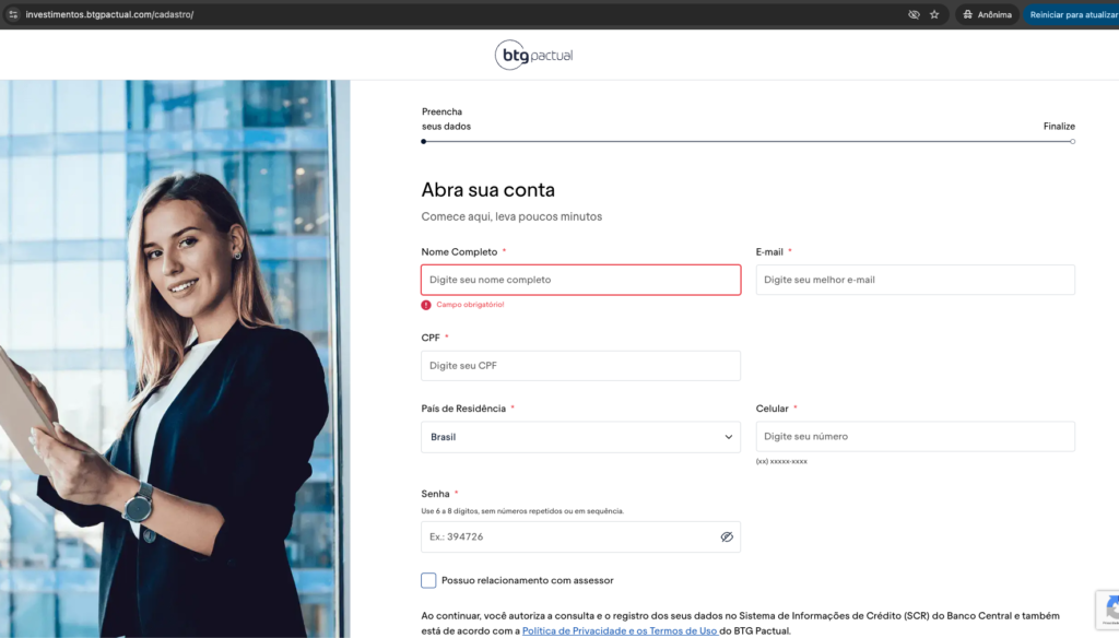 Tela de abertura de conta de investimento no BTG Pactual - processo simples para investir em renda fixa