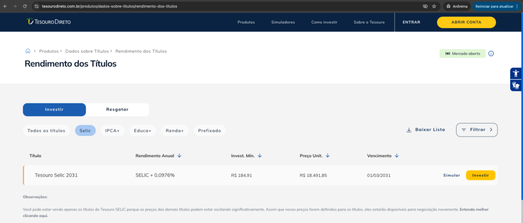 Portal Tesouro Direto mostrando Tesouro Selic 2031 disponível - o título de maior prazo e maior rentabilidade