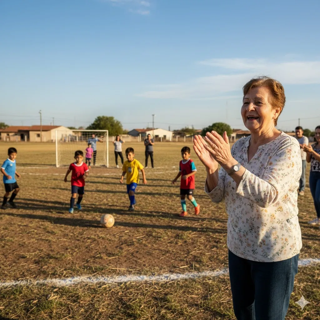 A verdade sobre ficar rico - senhora de 60 anos assistindo os netinhos a jogarem futebol