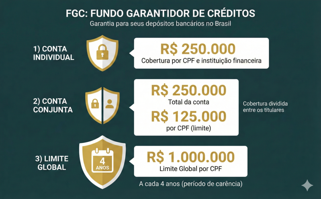 CDB, LCI, LCA e RDB: O Guia Completo para Investir com Segurança em 2026 1 Como funciona o FGC: limite de R$250 mil por conta e R$1 milhao por CPF a cada 4 anos