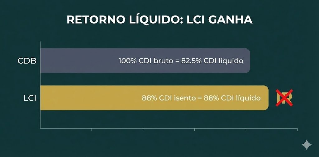 CDB, LCI, LCA e RDB: O Guia Completo para Investir com Segurança em 2026 3 Comparacao de retorno liquido entre CDB e LCI em 18 meses: LCI de 88% CDI vale mais que CDB de 100% CDI