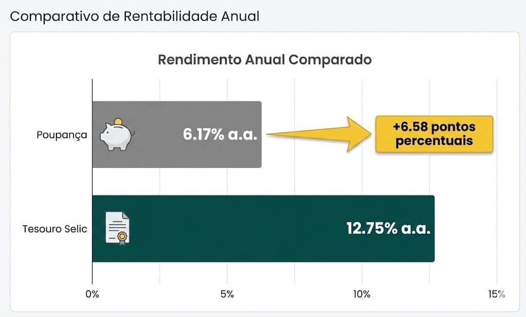 Como Começar a Investir Depois dos 35 Anos: Renda Fixa ou Variável? 4 Comparação rentabilidade: Tesouro Selic 12,75% ao ano vs poupança 6,17% ao ano em 2026