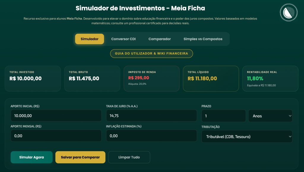 Calculadora Meia Ficha simulando rendimento líquido de carteira de renda fixa com Tesouro Selic