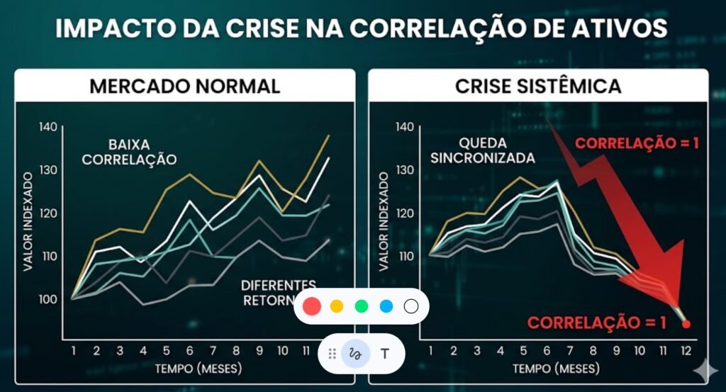 Diversificação de Investimentos: Porque NÃO FUNCIONA 4 Gráfico mostrando como a correlação entre ativos converge para 1 em crises financeiras — por que a diversificação falha